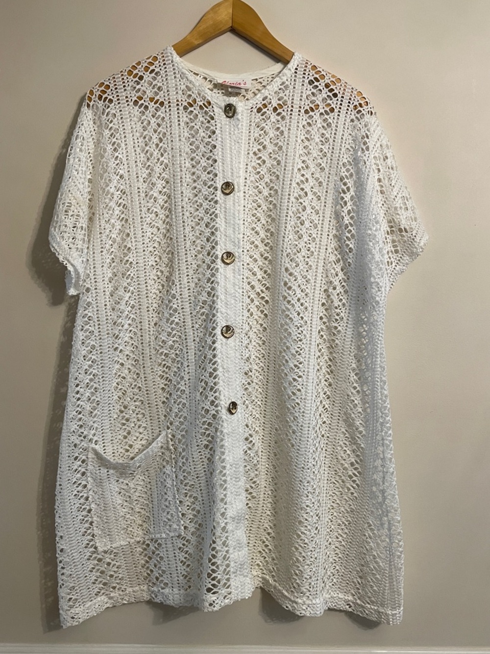 Vintage Gloria’s Fashions White Open Knit Crochet Cardigan Cover Up Made in USA